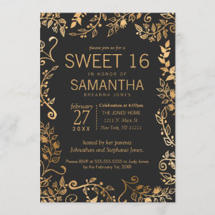 Invitation Élégant Black Gold Floral Sweet 16