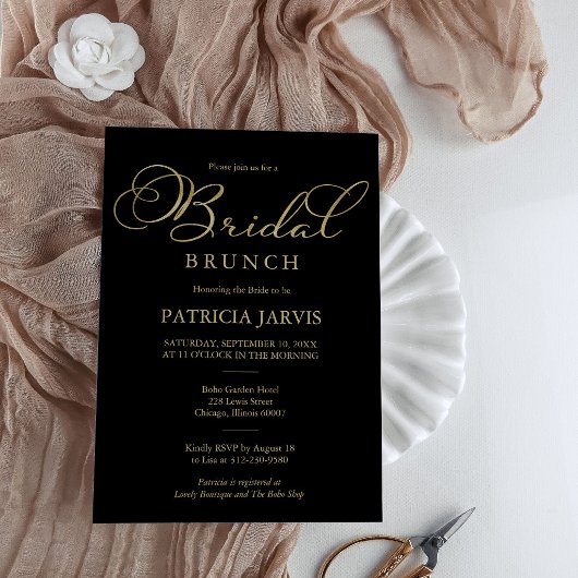 Invitation Élégant Black Gold Foil Script Bridal Brunch
