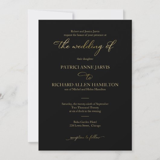 Invitation Élégant Black Gold Foil Script Mariage classique (Devant)
