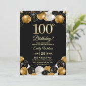 Invitation Elegant Black Gold Glitter 100th Birthday (Debout devant)