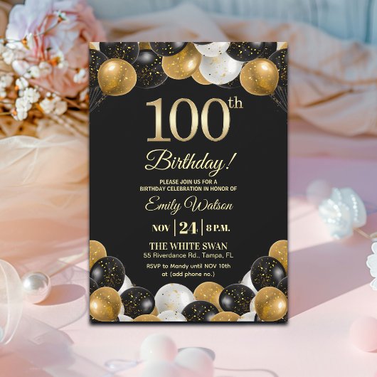 Invitation Elegant Black Gold Glitter 100th Birthday
