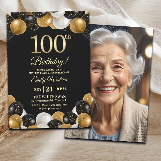 Invitation Elegant Black Gold Glitter 100th Birthday Photo