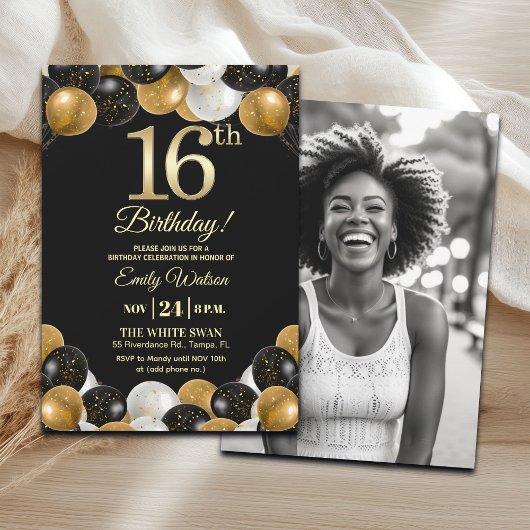 Invitation Elegant Black Gold Glitter 16th Birthday Photo