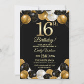 Invitation Elegant Black Gold Glitter 16th Birthday Photo (Devant)