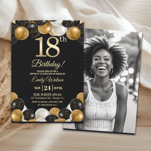 Invitation Elegant Black Gold Glitter 18th Birthday Photo