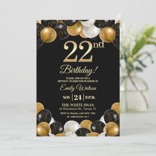 Invitation Elegant Black Gold Glitter 22nd Birthday Photo (Debout devant)