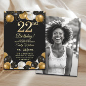 Invitation Elegant Black Gold Glitter 22nd Birthday Photo