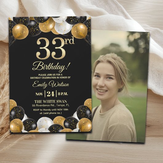 Invitation Elegant Black Gold Glitter 33rd Birthday Photo