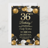 Invitation Elegant Black Gold Glitter 36th Birthday Party (Devant)