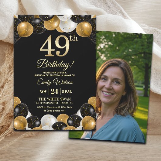 Invitation Elegant Black Gold Glitter 49th Birthday Photo