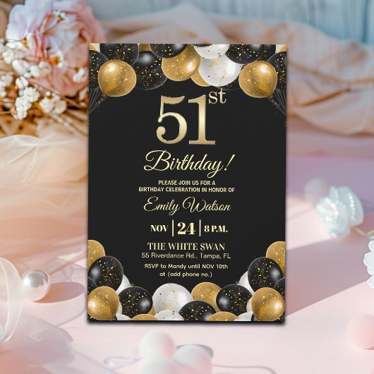 Invitation Elegant Black Gold Glitter 51st Birthday Party