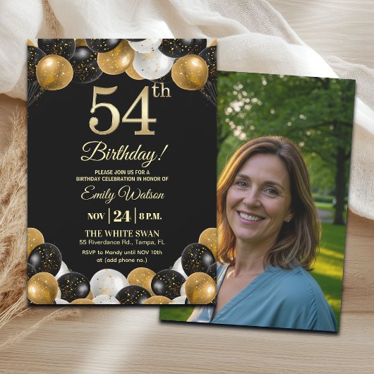 Invitation Elegant Black Gold Glitter 54th Birthday Photo
