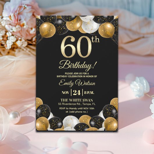Invitation Elegant Black Gold Glitter 60th Birthday Party