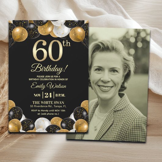 Invitation Elegant Black Gold Glitter 60th Birthday Photo