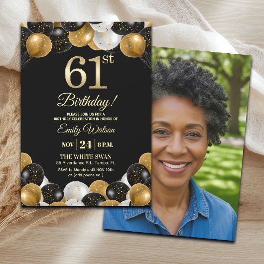 Invitation Elegant Black Gold Glitter 61st Birthday Photo
