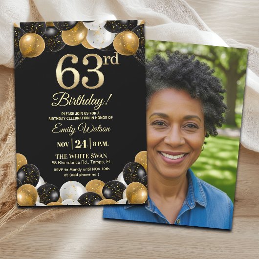 Invitation Elegant Black Gold Glitter 63rd Birthday Photo