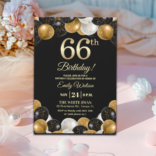 Invitation Elegant Black Gold Glitter 66th Birthday Party