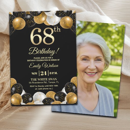Invitation Elegant Black Gold Glitter 68th Birthday Photo