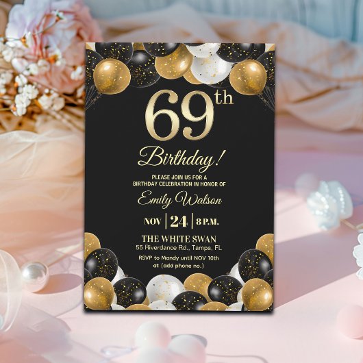 Invitation Elegant Black Gold Glitter 69th Birthday Party