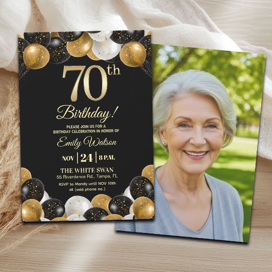 Invitation Elegant Black Gold Glitter 70th Birthday Photo
