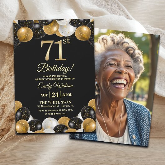 Invitation Elegant Black Gold Glitter 71st Birthday Photo