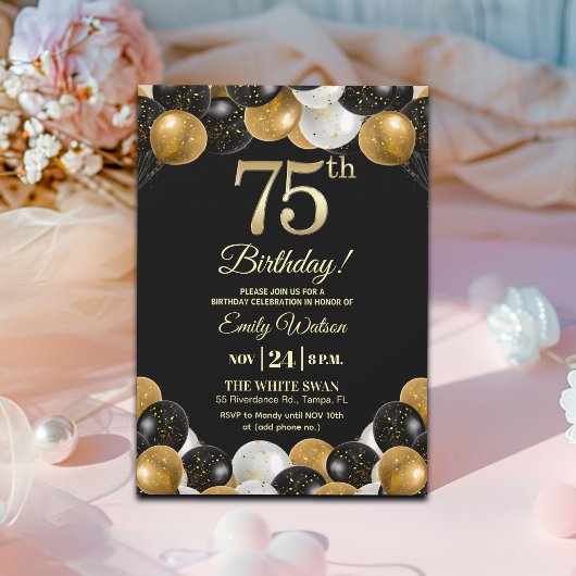 Invitation Elegant Black Gold Glitter 75th Birthday Party