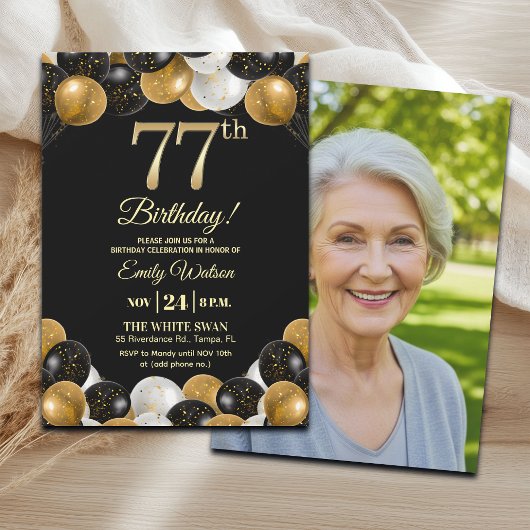 Invitation Elegant Black Gold Glitter 77th Birthday Photo