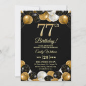Invitation Elegant Black Gold Glitter 77th Birthday Photo (Devant)