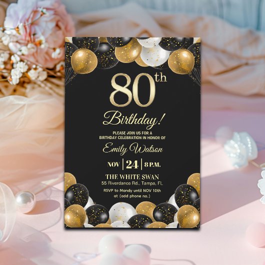 Invitation Elegant Black Gold Glitter 80th Birthday