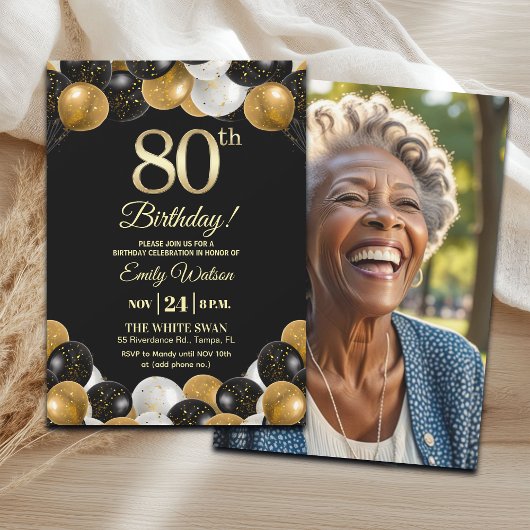 Invitation Elegant Black Gold Glitter 80th Birthday Photo