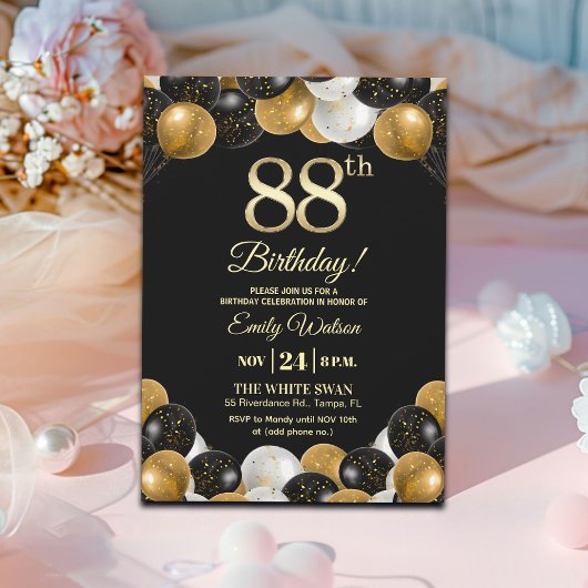 Invitation Elegant Black Gold Glitter 88th Birthday