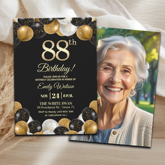 Invitation Elegant Black Gold Glitter 88th Birthday Photo