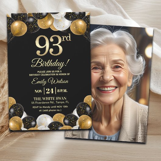 Invitation Elegant Black Gold Glitter 93rd Birthday Photo