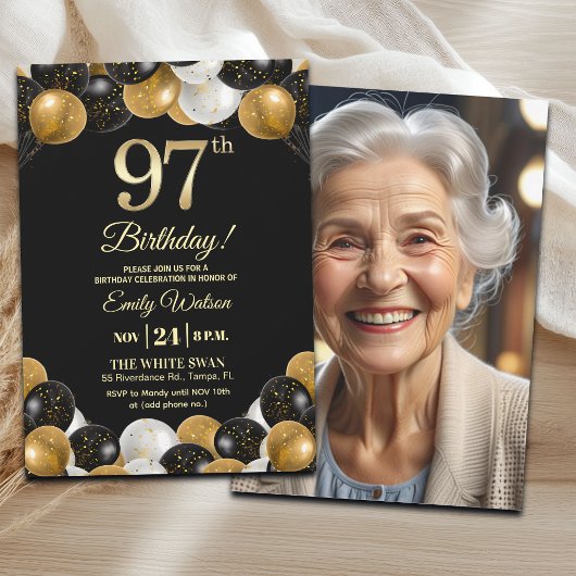 Invitation Elegant Black Gold Glitter 97th Birthday Photo