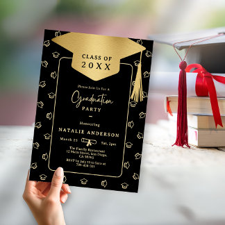 Invitation Élégant Black & Gold Graduate Casquette Graduate P