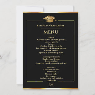 Invitation Elégant Black & Gold Graduation Menu du dîner