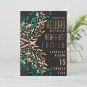 Invitation Elégant Black Gold Holly Berry Feuilles vacances (Debout devant)