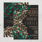 Invitation Elégant Black Gold Holly Berry Feuilles vacances (Devant / Derrière)