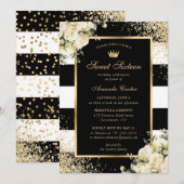 Invitation Elégant Black Gold Ivory Floral Sweet 16 Anniversa (Devant / Derrière)