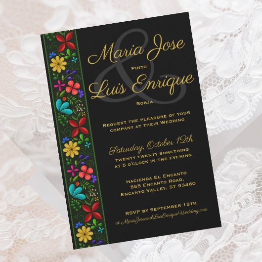 Invitation Élégant Black Gold Latin Folk Floral Mariage