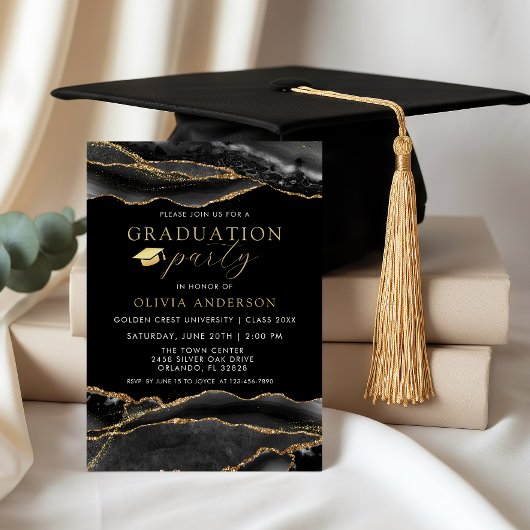 Invitation Elegant Black & Gold Marble Graduatio Party