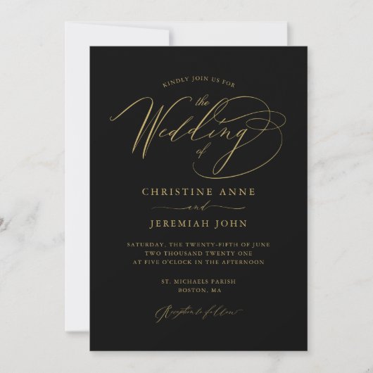 Invitation Elégant Black Gold Modern Script Mariage Invitatia (Devant)