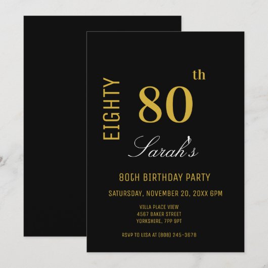 Invitation Elégant Black & Gold moderne 80e anniversaire (Devant / Derrière)