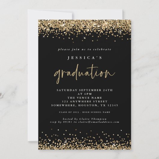 Invitation Elégant Black Gold Parties scintillant 2024 Gradua (Devant)