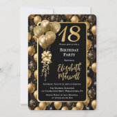 Invitation Elégant Black Gold Parties scintillant Ballons 18e (Devant)