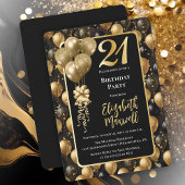 Invitation Elégant Black Gold Parties scintillant Ballons 21e