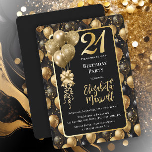 Invitation Elégant Black Gold Parties scintillant Ballons 21e