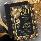 Invitation Elégant Black Gold Parties scintillant Ballons 30e