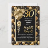 Invitation Elégant Black Gold Parties scintillant Ballons 30e (Devant)