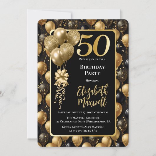 Invitation Elégant Black Gold Parties scintillant Ballons 50e (Devant)